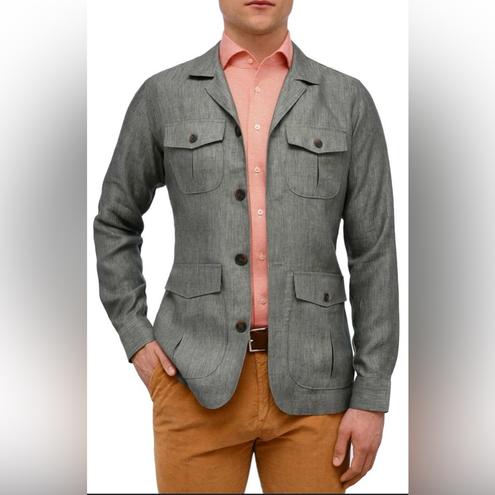 $398 NWOT EMANUEL BERG Men's Ryan Khaki Linen Overshirt Shirt Jacket Size 52